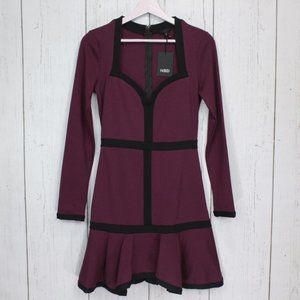 NBD Plum Long Sleeve Fit-and-Flare Dress with Black Trim